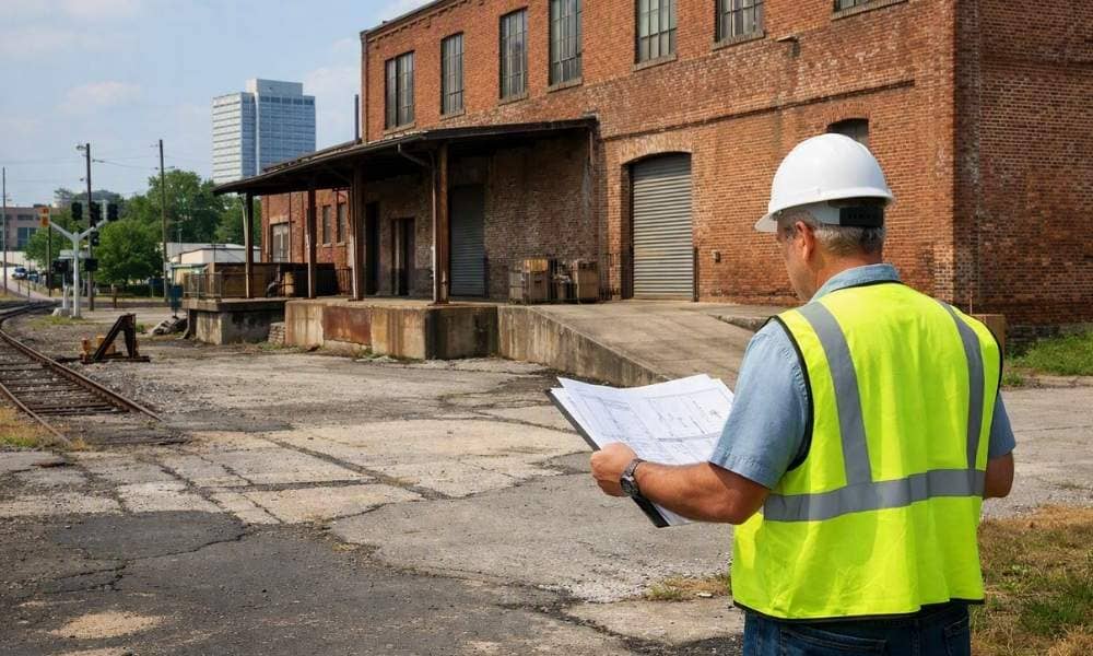Civil engineer reviewing a former industrial warehouse and aging site infrastructure in Birmingham, Alabama
