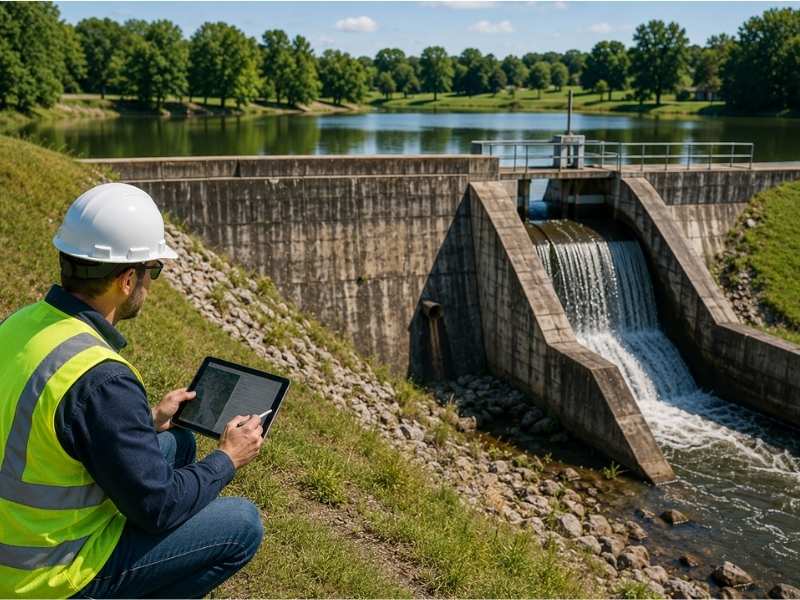 Dam inspection engineer spillway safety assessment | Birmingham Civil Engineering Engineer in a hard hat and high-visibility vest using a tablet beside a concrete dam and spillway.