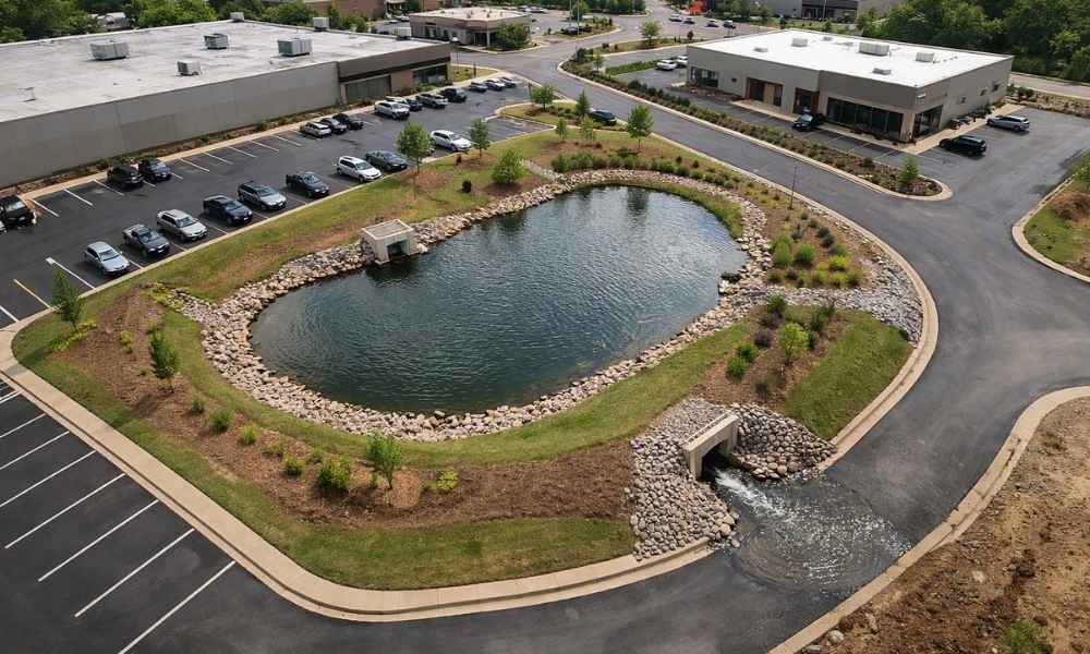 Detention pond design integrated with a commercial development site in Birmingham Alabama