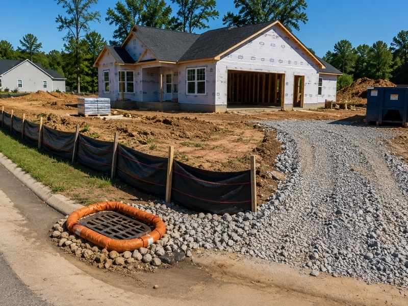 ESC plan controls installed at a small residential construction project with silt fence, inlet protection, and stabilized construction entrance.