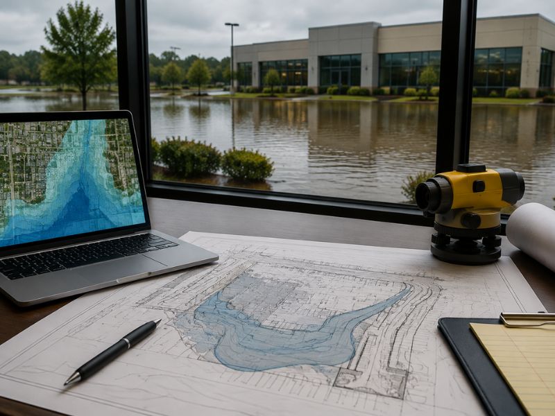 Architectural drafting desk with a laptop showing a map, site blueprints, a yellow laser level, and a clipboard near a window overlooking floodwater outside.