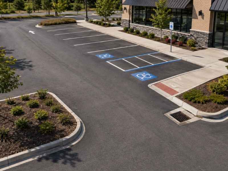 Parking lot with two handicap-designated spots by a building entrance, marked with blue wheelchair symbols.
