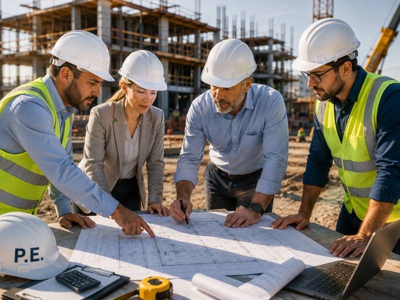 Professional engineer reviewing construction plans with the project team during the early planning and design phase before permit approval.