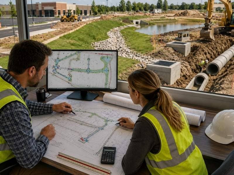 Drainage design plans being reviewed by civil engineers with storm pipes, catch basins, and a detention pond under construction on a development site.