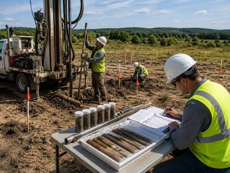Soil testing being performed on an undeveloped site with a geotechnical drilling rig, soil samples, and engineers collecting field data.