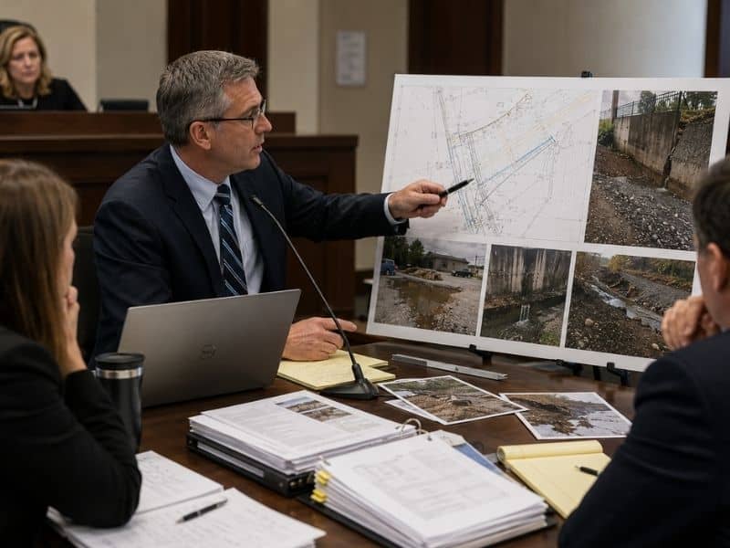 engineering expert witness support claims | Birmingham Civil Engineering Engineering expert witness presenting technical findings, engineering plans, and site evidence during a construction dispute hearing.