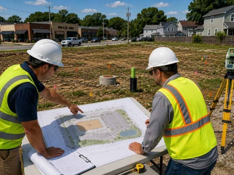land development engineer input before rezoning | Birmingham Civil Engineering Land Development Engineer Input Before Rezoning showing engineers reviewing a conceptual site plan, evaluating utilities, drainage, and development potential before rezoning.