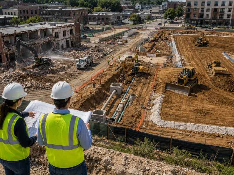 Land development sequencing for redevelopment sites with separate demolition, utility installation, grading, and access work zones