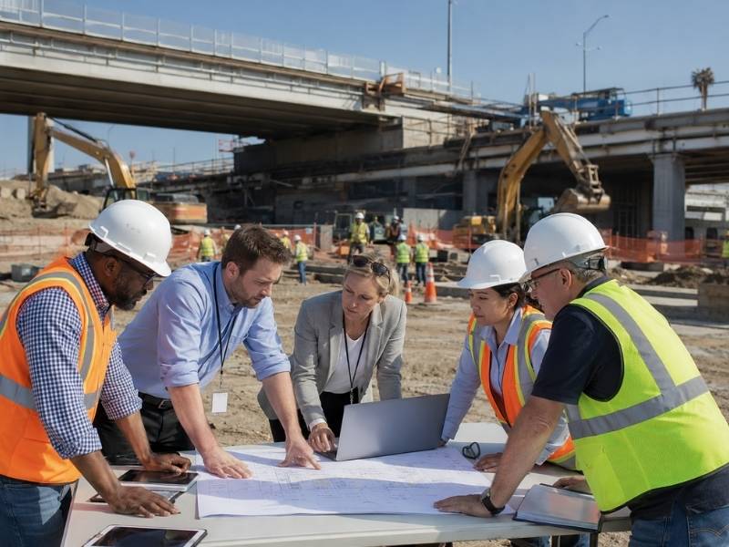 Project management for multi agency capital projects showing agency representatives reviewing plans at an active bridge construction site