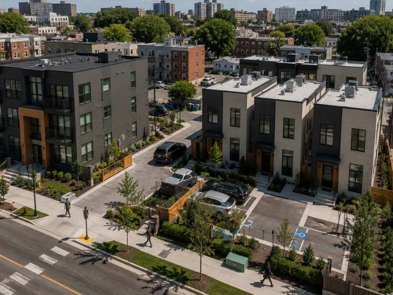 Site design for compact urban housing projects showing townhomes, apartments, parking, sidewalks, landscaping, and efficient use of a tight city lot