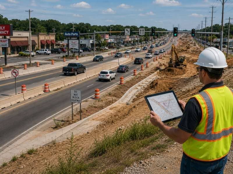 Traffic engineer reviewing traffic flow, driveway access, turn lanes, and signal conditions along an active road expansion project.